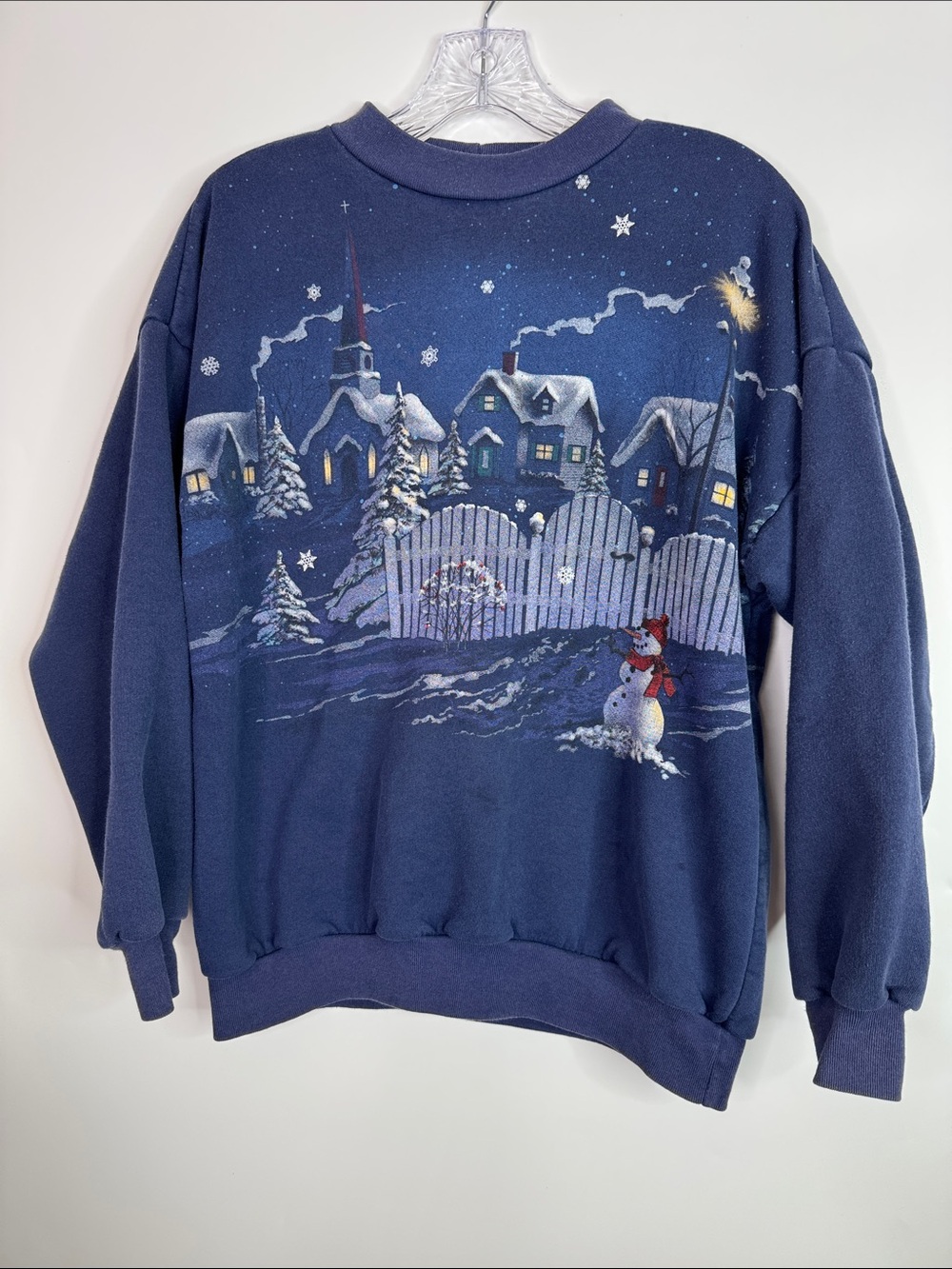 Vintage Artisans Winter Snowman AOP Crewneck Blue Sweatshirt Size Medium